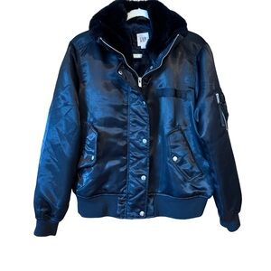 GAP Black Satin Bomber Jacket with Faux Fur